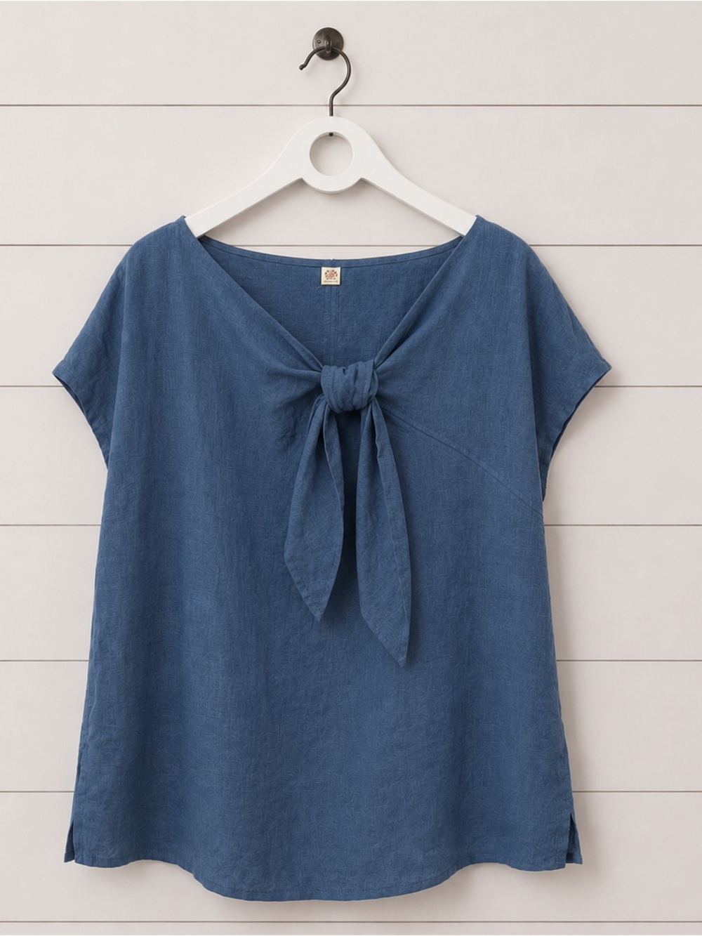 Blue Linen Tie-Front Short Sleeve Top - Blue